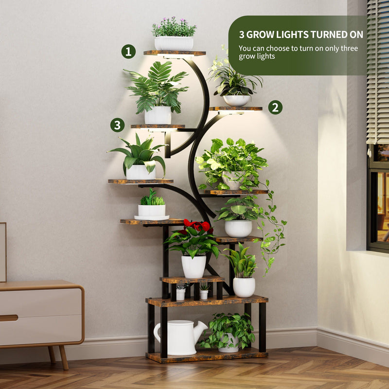 S - Shaped, 10 Tier Plant Stand With 5 Grow Lights - Deep Rustic Brown by HouseOfZazla