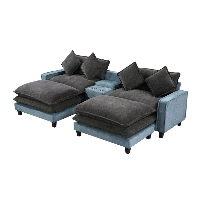 Sectional Sofa With Removable Ottomans, USB Ports, Cup Holders & Storage - Gray / Light Blue by HouseOfZazla