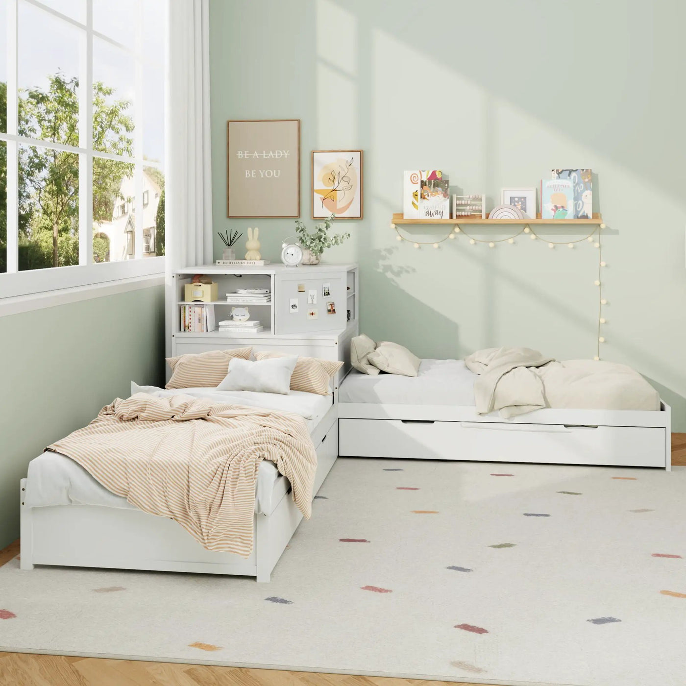 L-Shaped Bed Frame With Trundle, Built In Desk & LED Lighting by HouseOfZazla