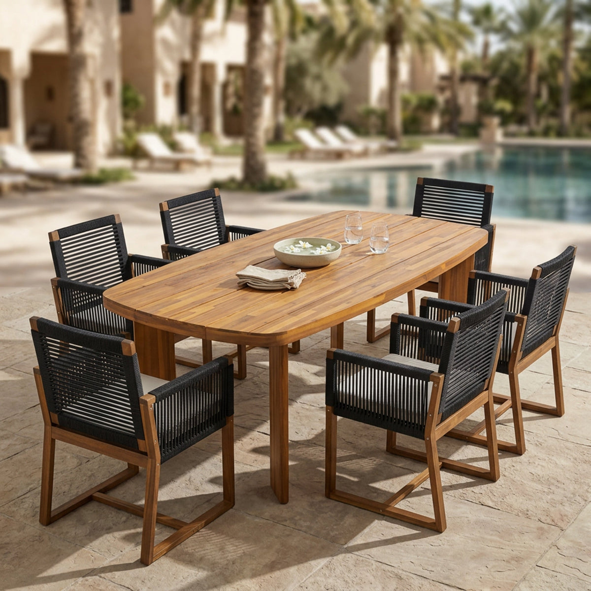 7-Piece Acacia Wood Outdoor Dining Set with Cushioned Arm Chairs - Teak Finish, photo 6 of 10