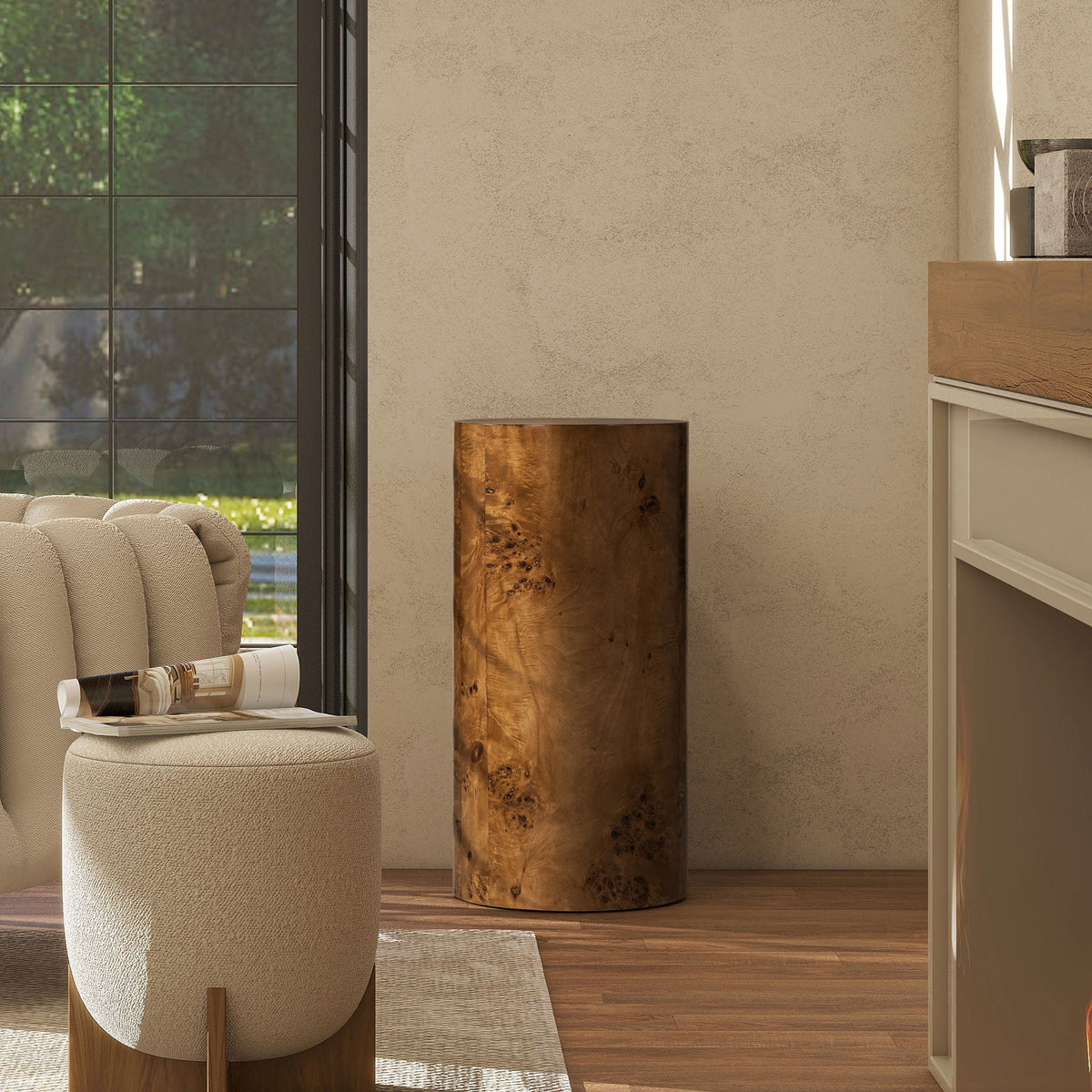 Nebula Accent Pillar Side Table with Burl Wood Veneer - Light or Dark Brown, photo 12 of 28
