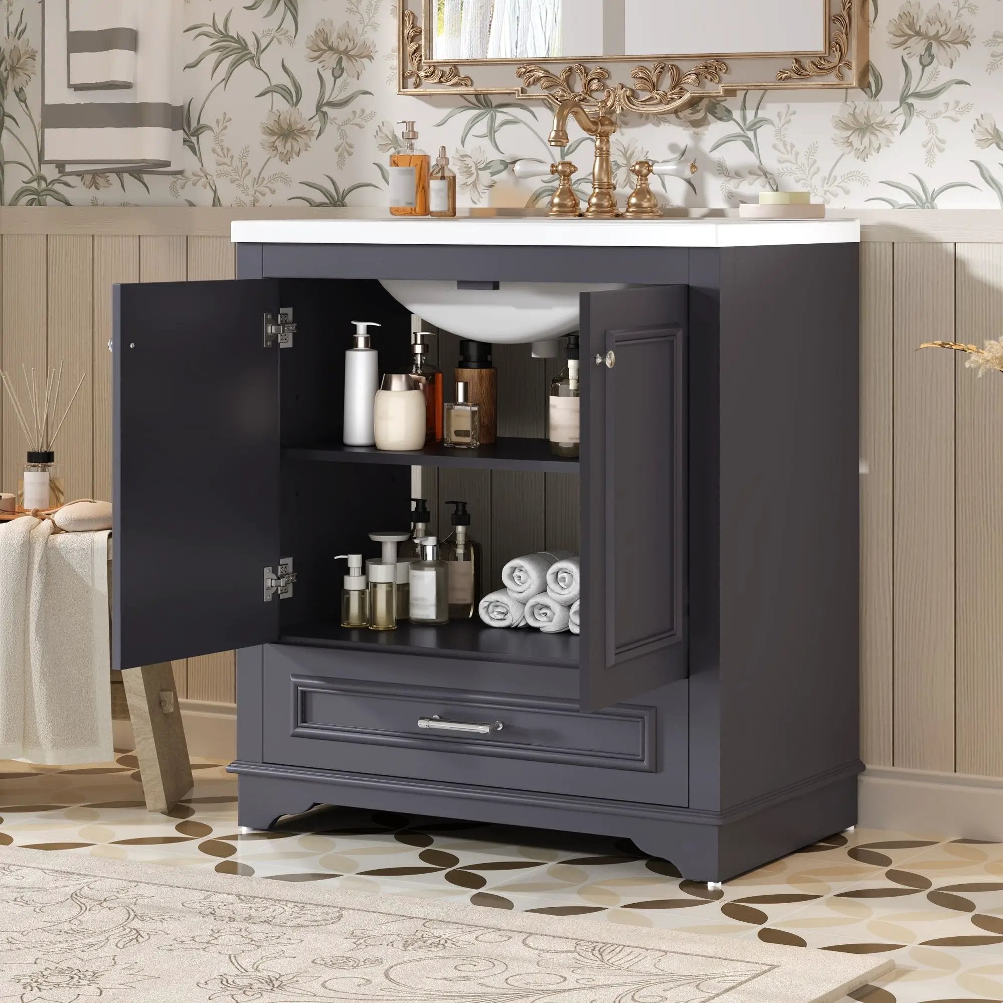 Bathroom Vanity With Sink, Cabinet & 2 Soft Closing Doors & Adjustable Shelf by HouseOfZazla