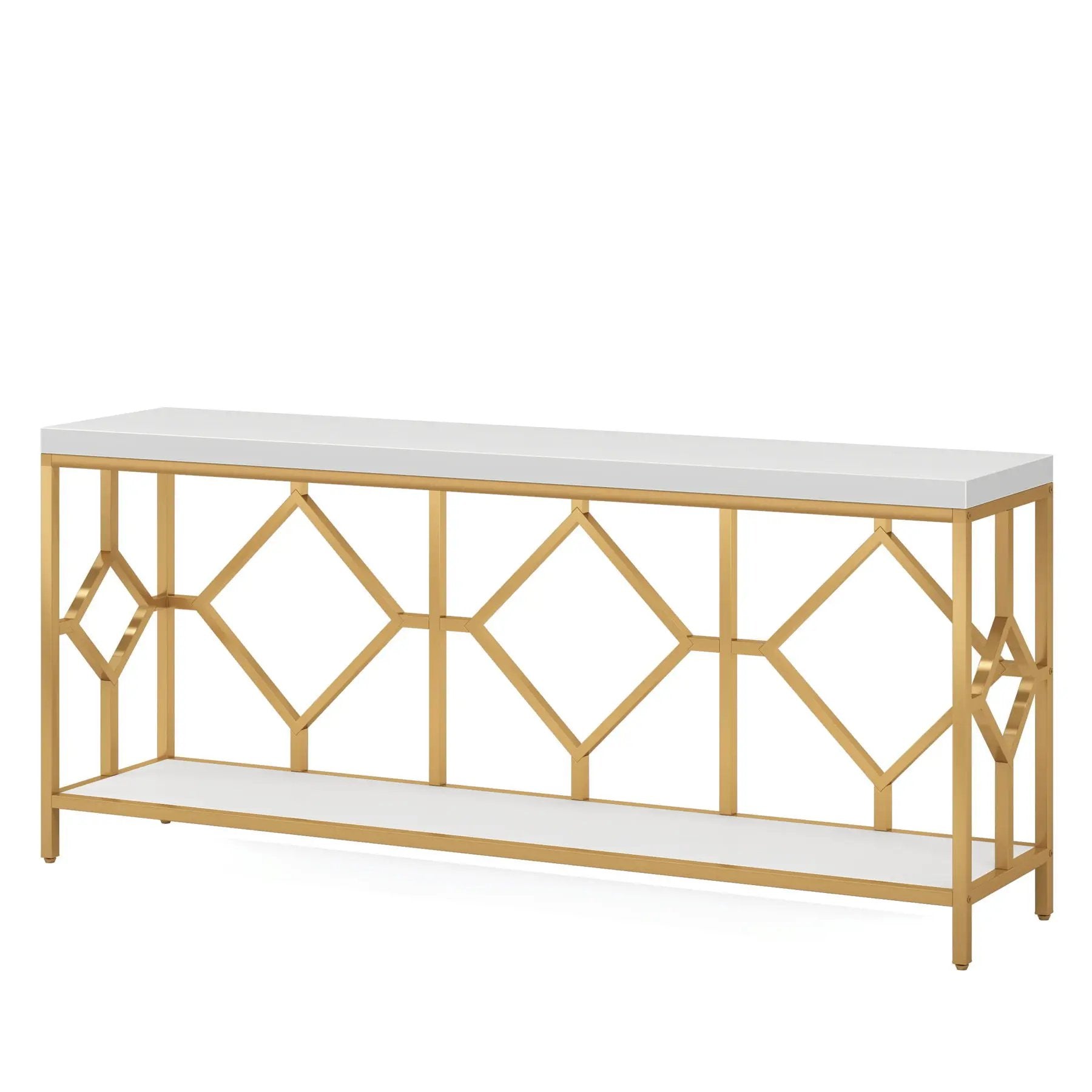 Extra Long Sofa Table With Diamond Pattern Frame, 2 Tier Open Storage For Living Room - White / Gold by HouseOfZazla