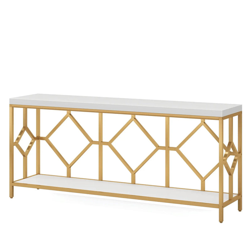Extra Long Sofa Table With Diamond Pattern Frame, 2 Tier Open Storage For Living Room - White / Gold by HouseOfZazla