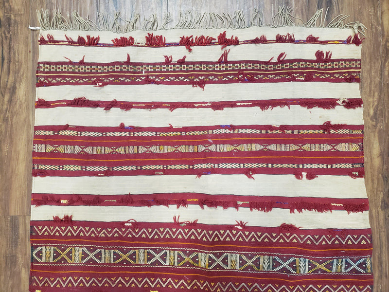 Antique Turkoman Yamud Rug 3x5 ft, 1920s Turkmen Sofreh Table Cover, Bohemian Rug, Tribal Collectible, Striped Rug, Handmade Ivory and Red by Jewel Rugs