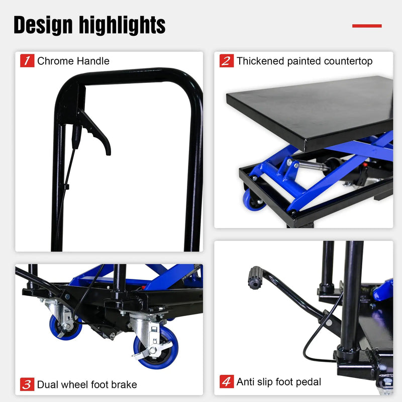 Hydraulic Lift Trolley, 500 Lbs Capacity, With 4 Wheels, For Material Handling And Transportation - Black / Blue by HouseOfZazla