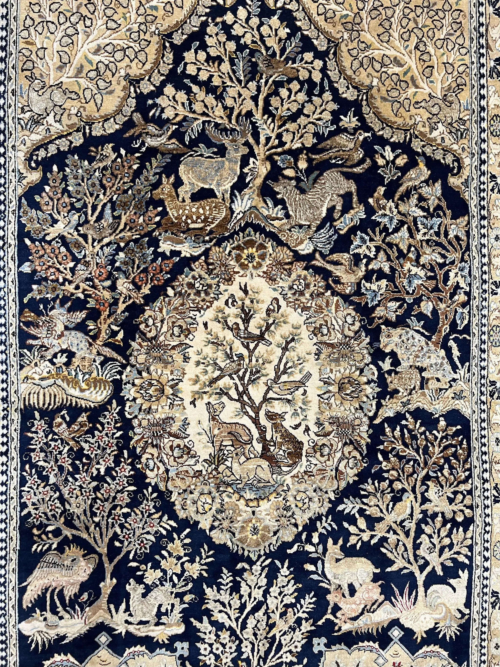 Wonderful Persian Qum Rug 6x9, Animal Pictorials, Tree of Life, Deer Birds, Hand Knotted Oriental Ghom Carpet, Semi Antique Vintage, Navy Blue Green by Jewel Rugs