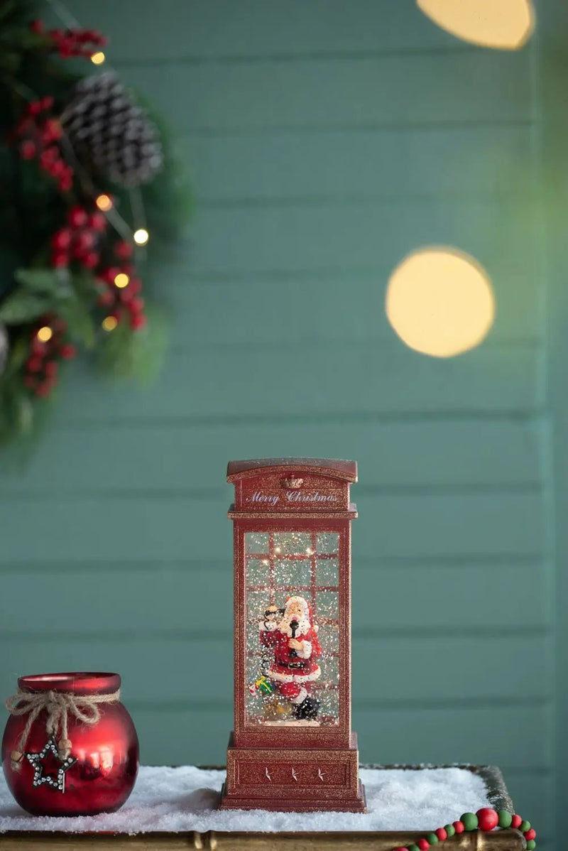 Christmas Lighted Water Spinning Phone Booth With Santa On Phone, 3*AA Batteries Required - White / Red by HouseOfZazla