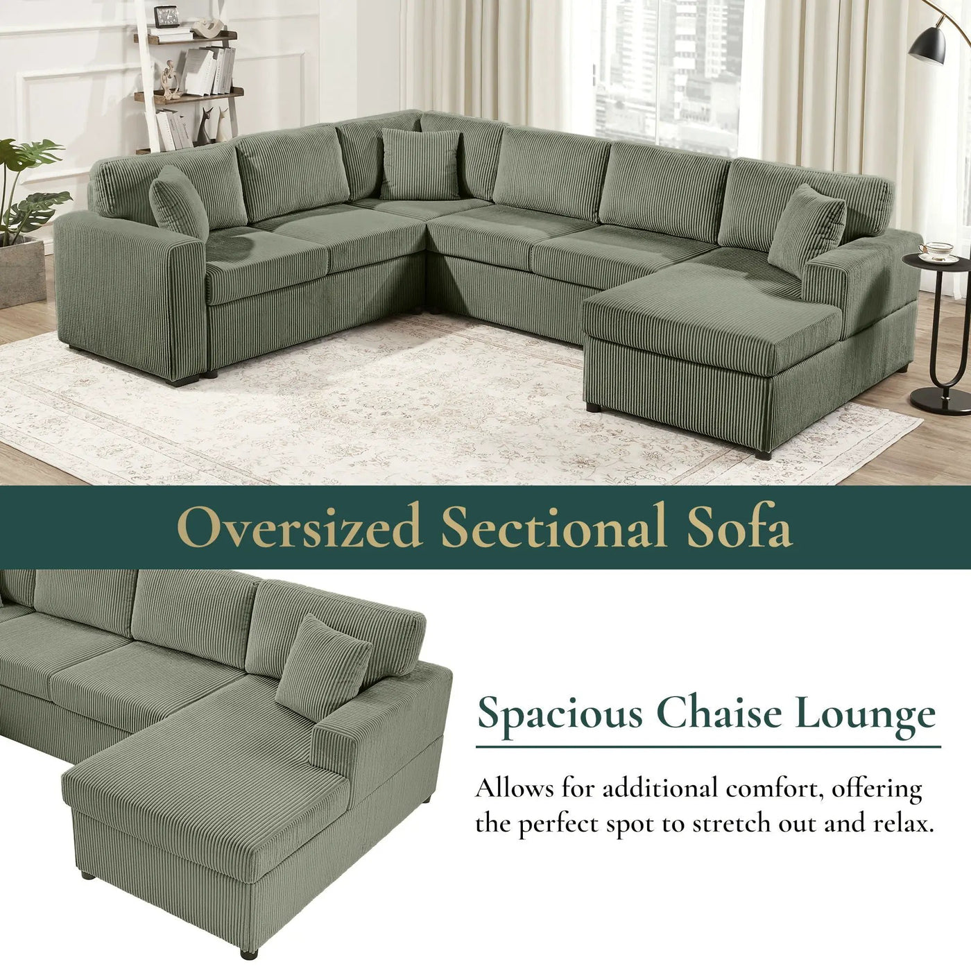 Oversized Sectional U-Shaped Sofa With Chaise Lounge And Three Soft Throw Pillows by HouseOfZazla
