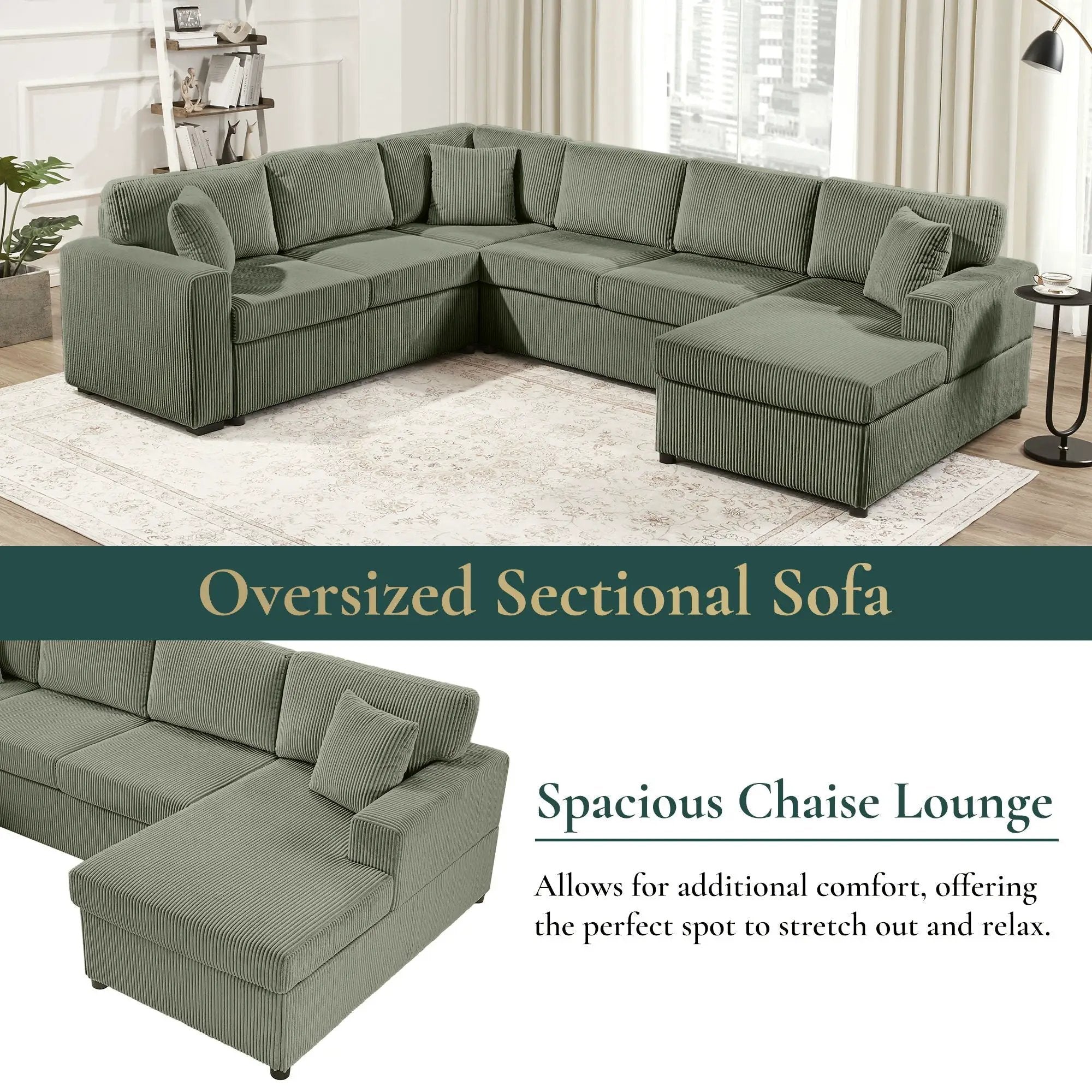 Oversized Sectional U-Shaped Sofa With Chaise Lounge And Three Soft Throw Pillows by HouseOfZazla