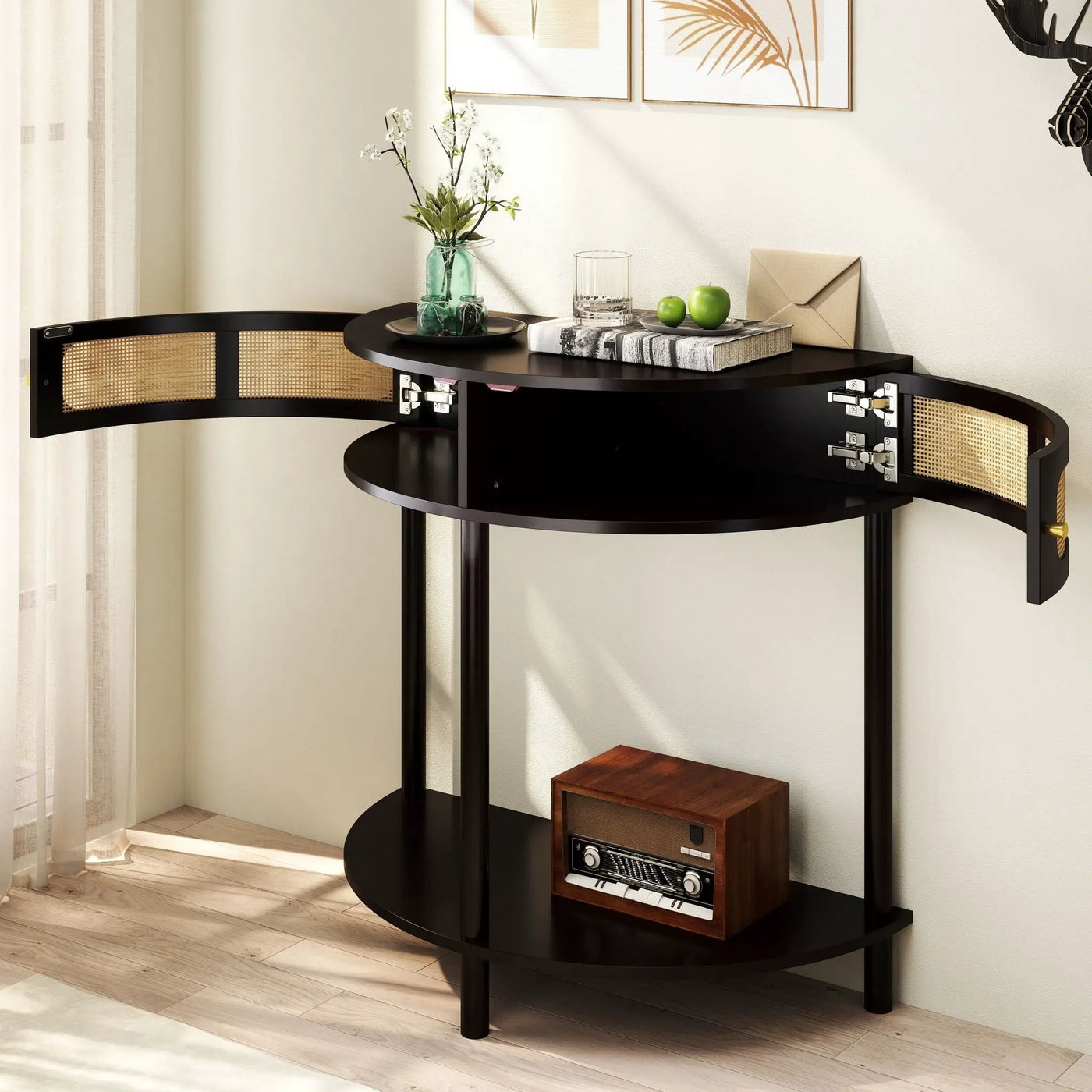 Boho Rattan Semi Circle End Table With Sliding Rattan Door, Storage And Bottom Shelf by HouseOfZazla