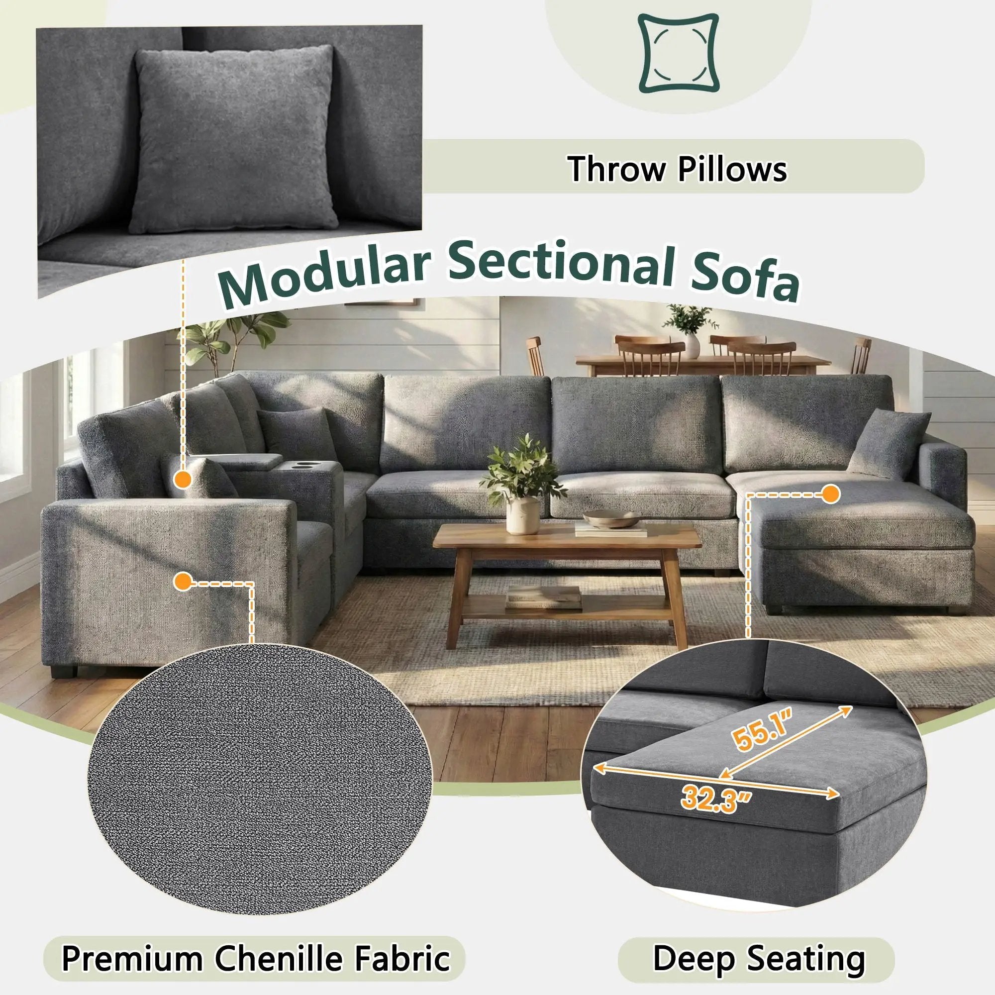 Modular 5 Seat U-Shape Sectional Sofa With Chaise Lounge, Built In Cup Holders And Storage Drawer by Unique Piece Furniture