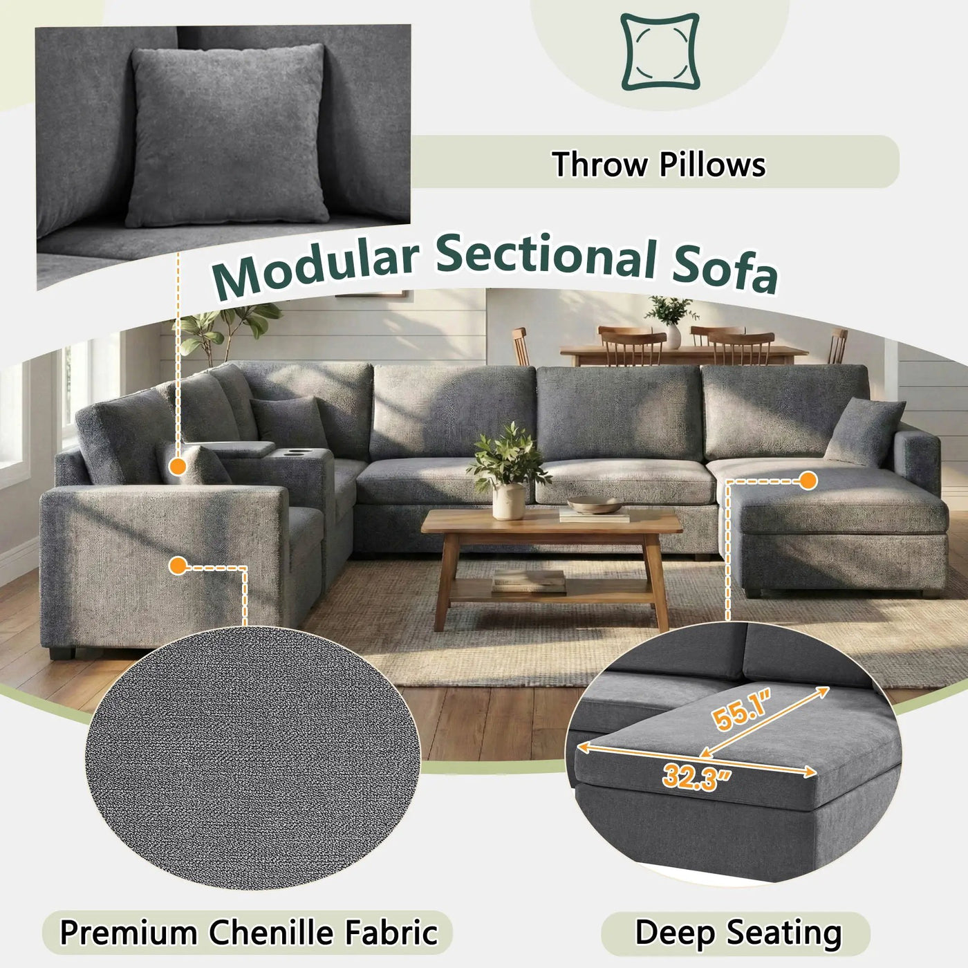 Modular 5 Seat U-Shape Sectional Sofa With Chaise Lounge, Built In Cup Holders And Storage Drawer by HouseOfZazla