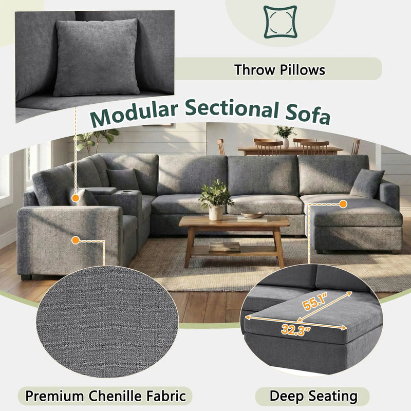 Modular 5 Seat U-Shape Sectional Sofa With Chaise Lounge, Built In Cup Holders And Storage Drawer by HouseOfZazla