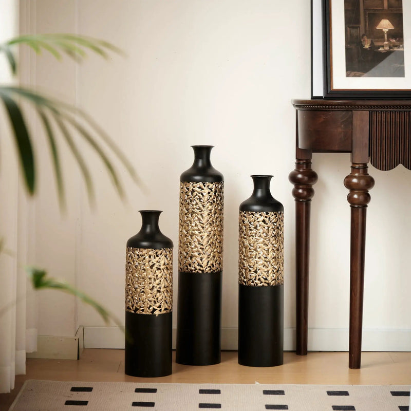 Floor Metal Vases Decorated Metal Vases (Set of 3) Gorgeous Home Decoration Large Glazed Metal Vases - Black / Gold by HouseOfZazla