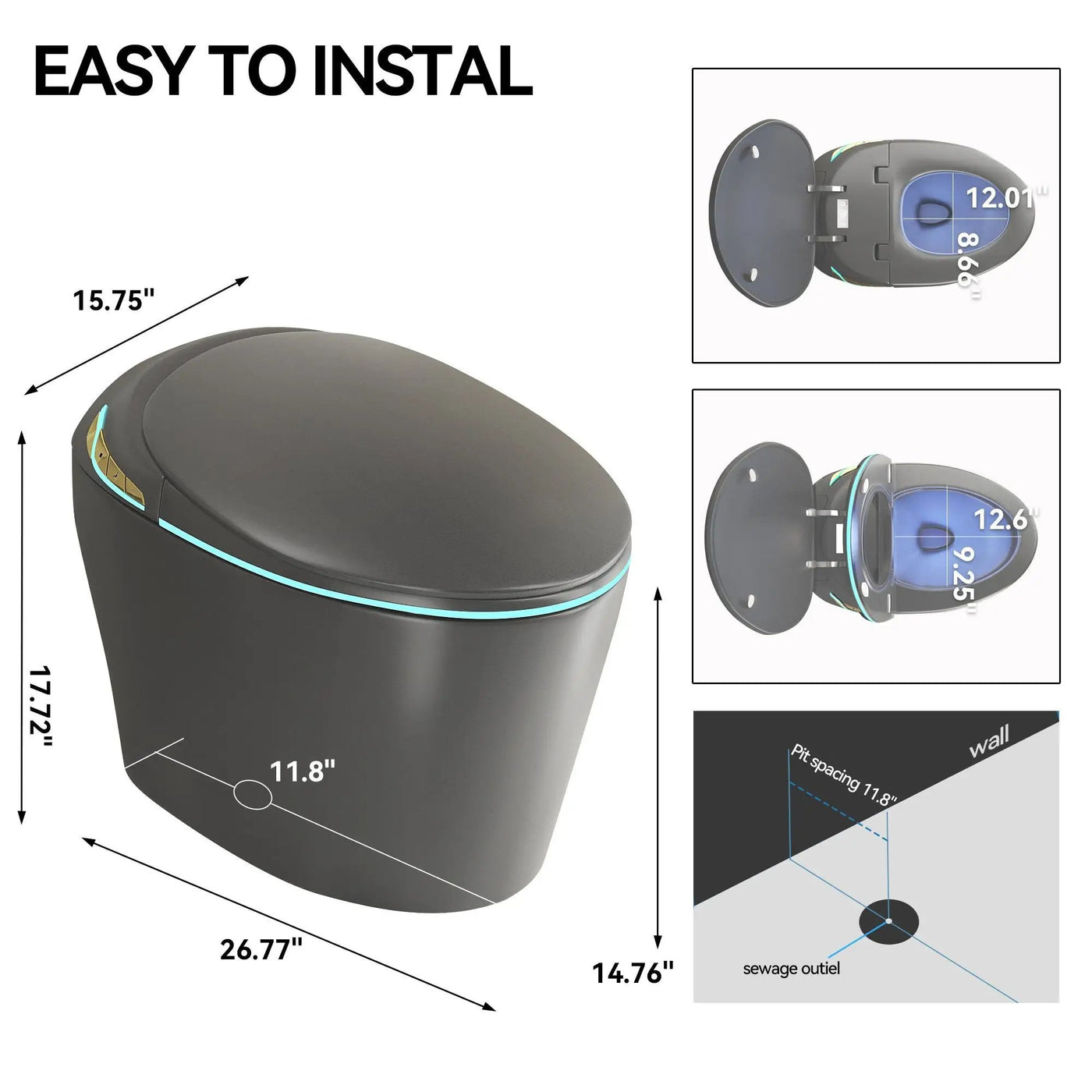 Unique Smart Toile With Built In Bidet, Auto Open / Close Seat, Foot Sensor, LED Display, Night Light, Warm Water & Dryer Ceramic by HouseOfZazla
