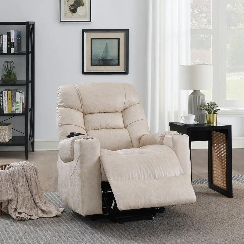 Nairi - Power Recliner With Lift & Heating & Massage - Ivory Leather Aire by Unique Piece Furniture