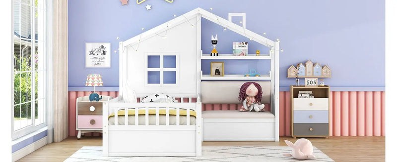 House Bed With Sofa, Kids Platform Bed With 2 Drawers And Storage Shelf by HouseOfZazla
