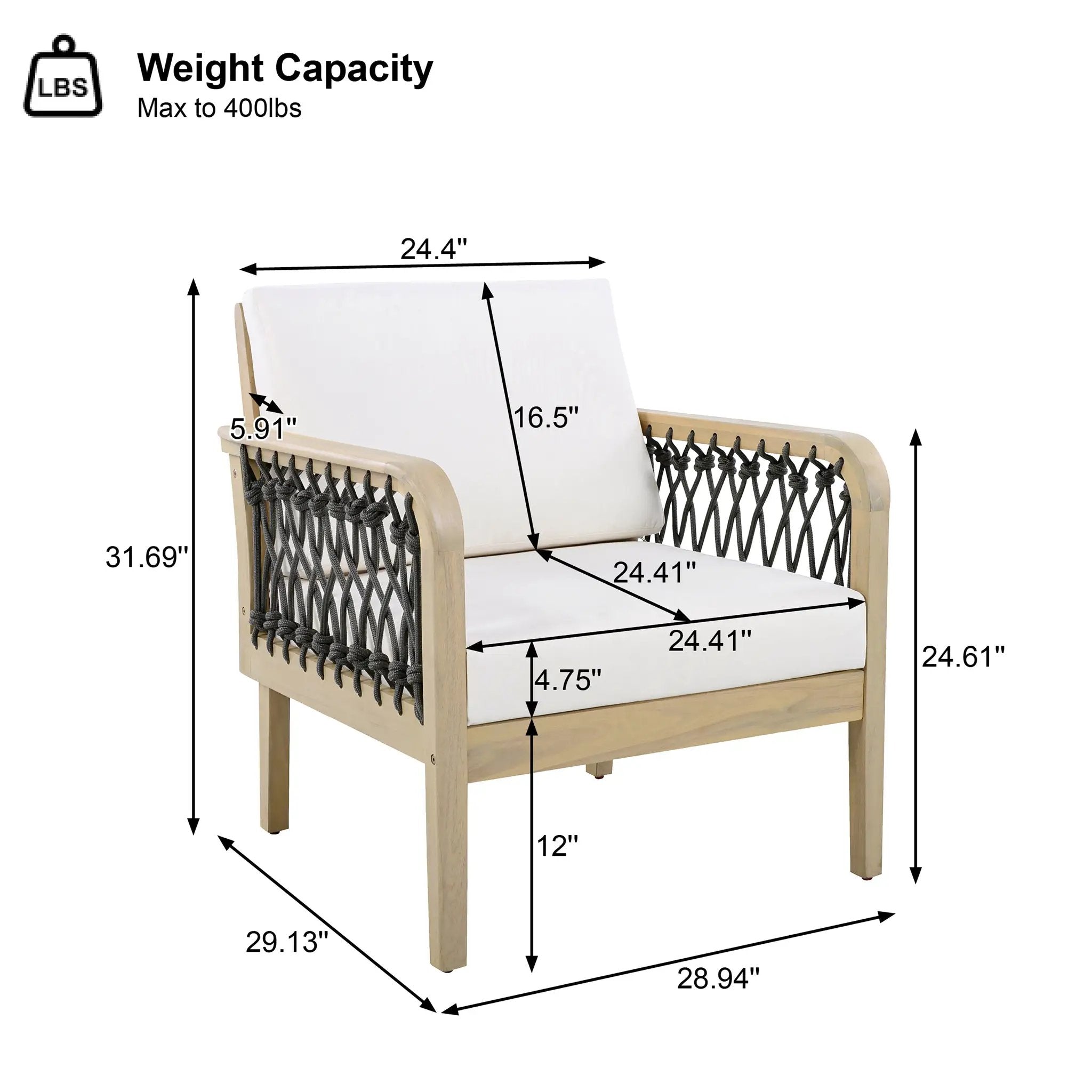 Outdoor Acacia Wood Club Chair with Handwoven Rope, Light Teak Finish by HouseOfZazla