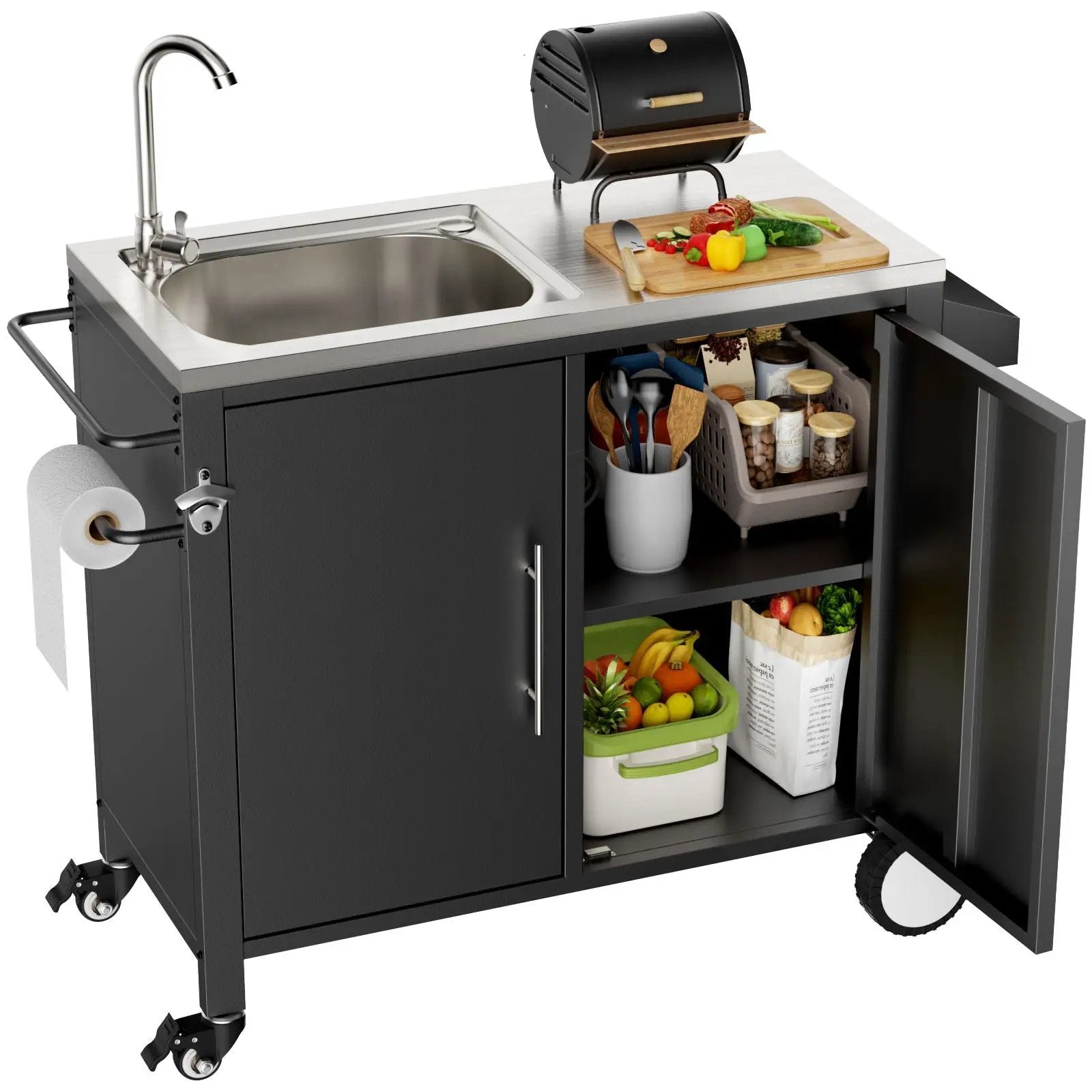 Outdoor Grill Cart With 304 Stainless Steel Sink And Cabinet - Black / Silver by HouseOfZazla
