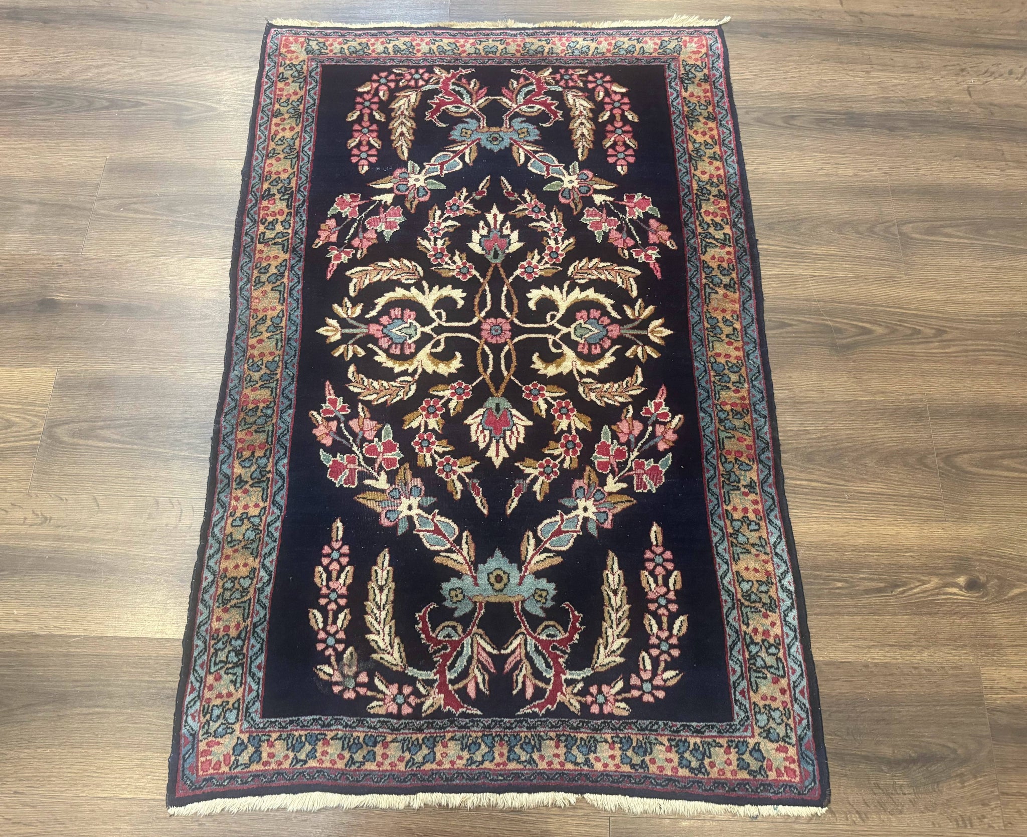 Antique Persian Kerman Rug 2.8 x 4, Navy Blue, Floral by Jewel Rugs