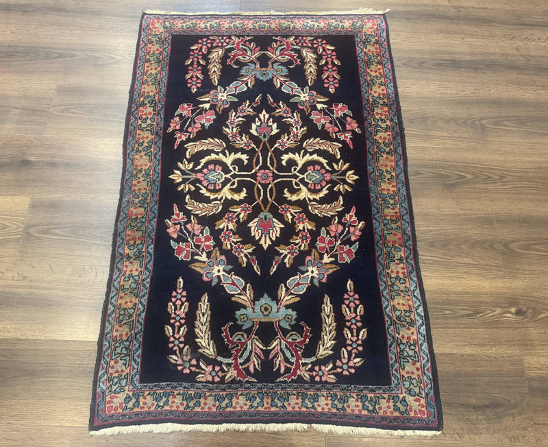 Antique Persian Kerman Rug 2.8 x 4, Navy Blue, Floral by Jewel Rugs