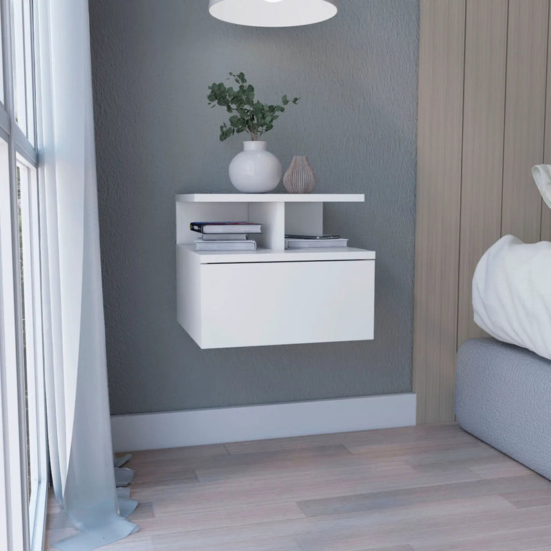 Floating Nightstand Wall Mounted With Single Drawer And 2 Tier Shelf - White by Unique Piece Furniture