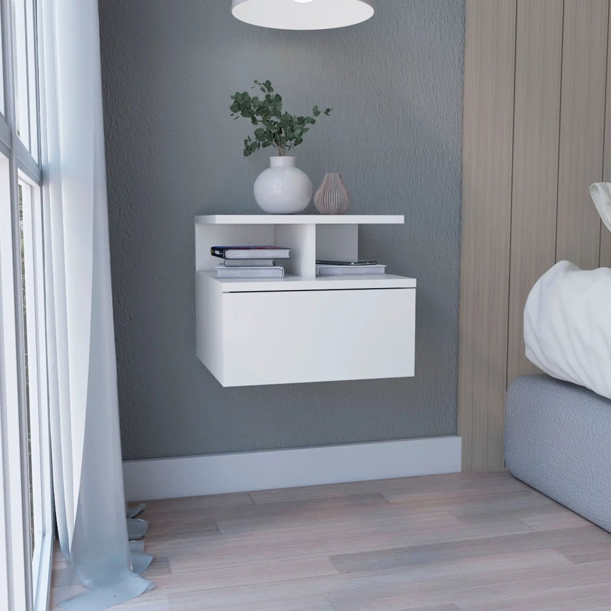 Floating Nightstand Wall Mounted With Single Drawer And 2 Tier Shelf - White by HouseOfZazla