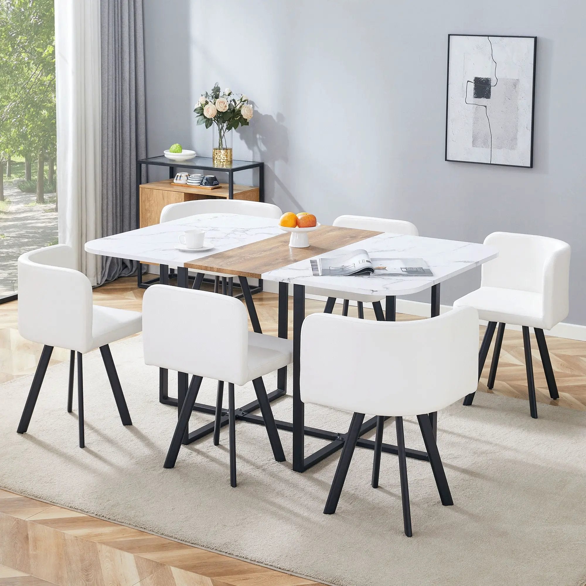 Modern Minimalist Marble Pattern Joinery Dining Table With Dining Chairs by Unique Piece Furniture