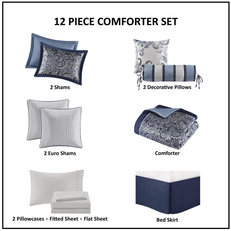 12 Piece Comforter Set with Cotton Bed Sheets Navy King by HouseOfZazla