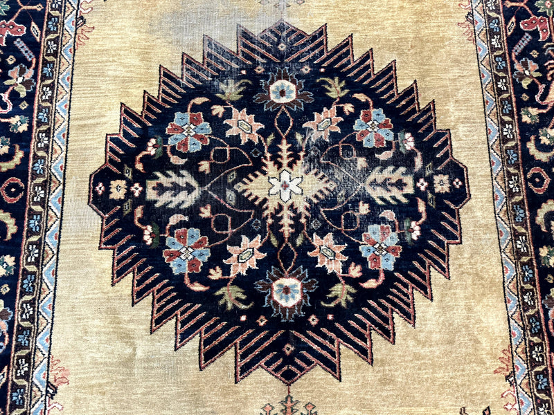 Indo Persian Heriz Rug 8x12, Camel Hair Tan and Navy Blue, Decorative by Jewel Rugs