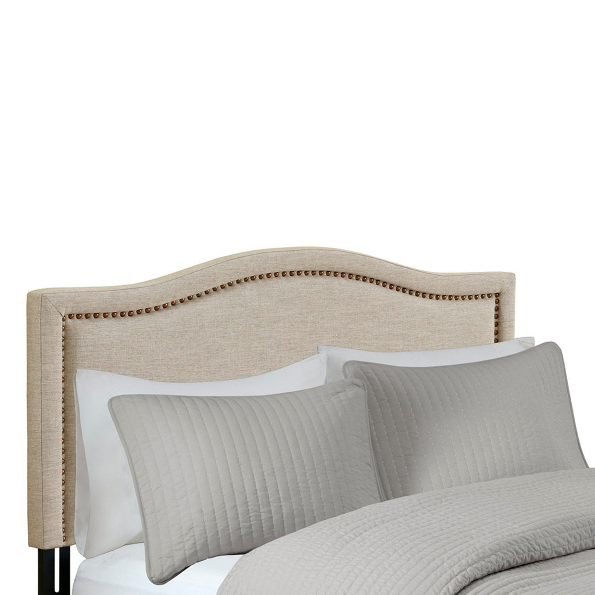 Light Brown Panel Upholstered Headboard with Copper Nailheads – Adjustable Metal Legs, photo 4 of 6