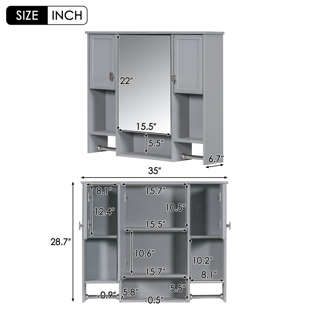 Wall Mounted Bathroom Storage Cabinet with Mirror and Towel Bar - Black, Dark Gray, or White, photo 9 of 12