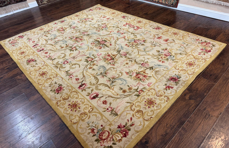 Aubusson Rug 8x10, French European Design, Vintage Handmade Wool Carpet, Aubusson Rug with Pile, Floral by Jewel Rugs