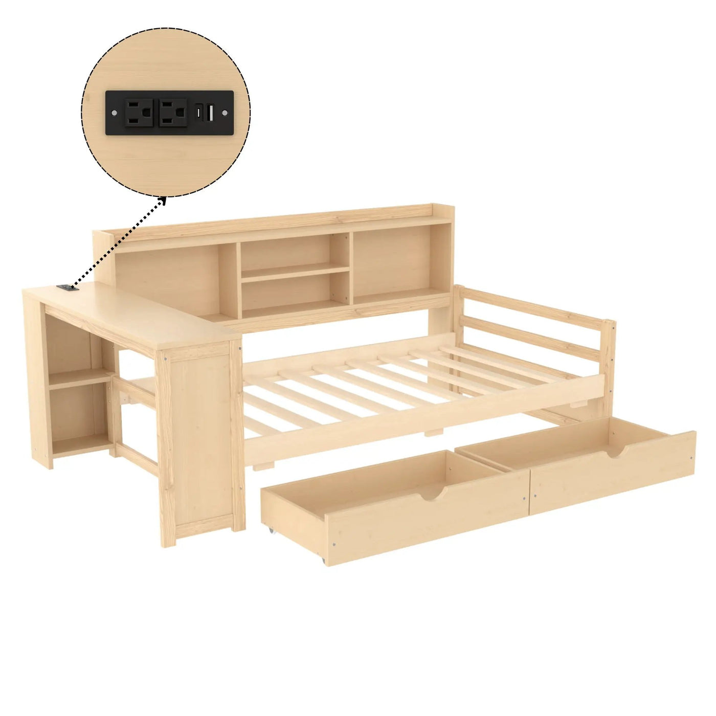 Corner Daybed With Storage Drawers, Desk, Charging Port & Bookcase by HouseOfZazla