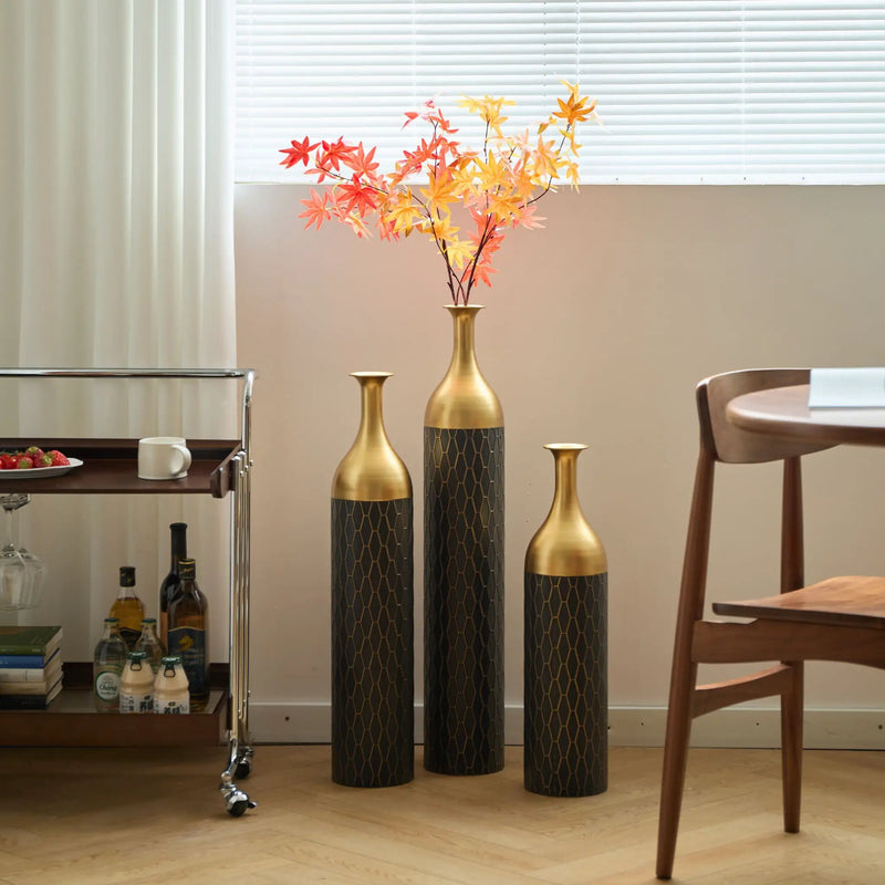 Elegant Floor Vase Set Metal Decorative Vases 3 Piece Set For Floral Display, Wedding & Gift Decor - Gold / Black by HouseOfZazla