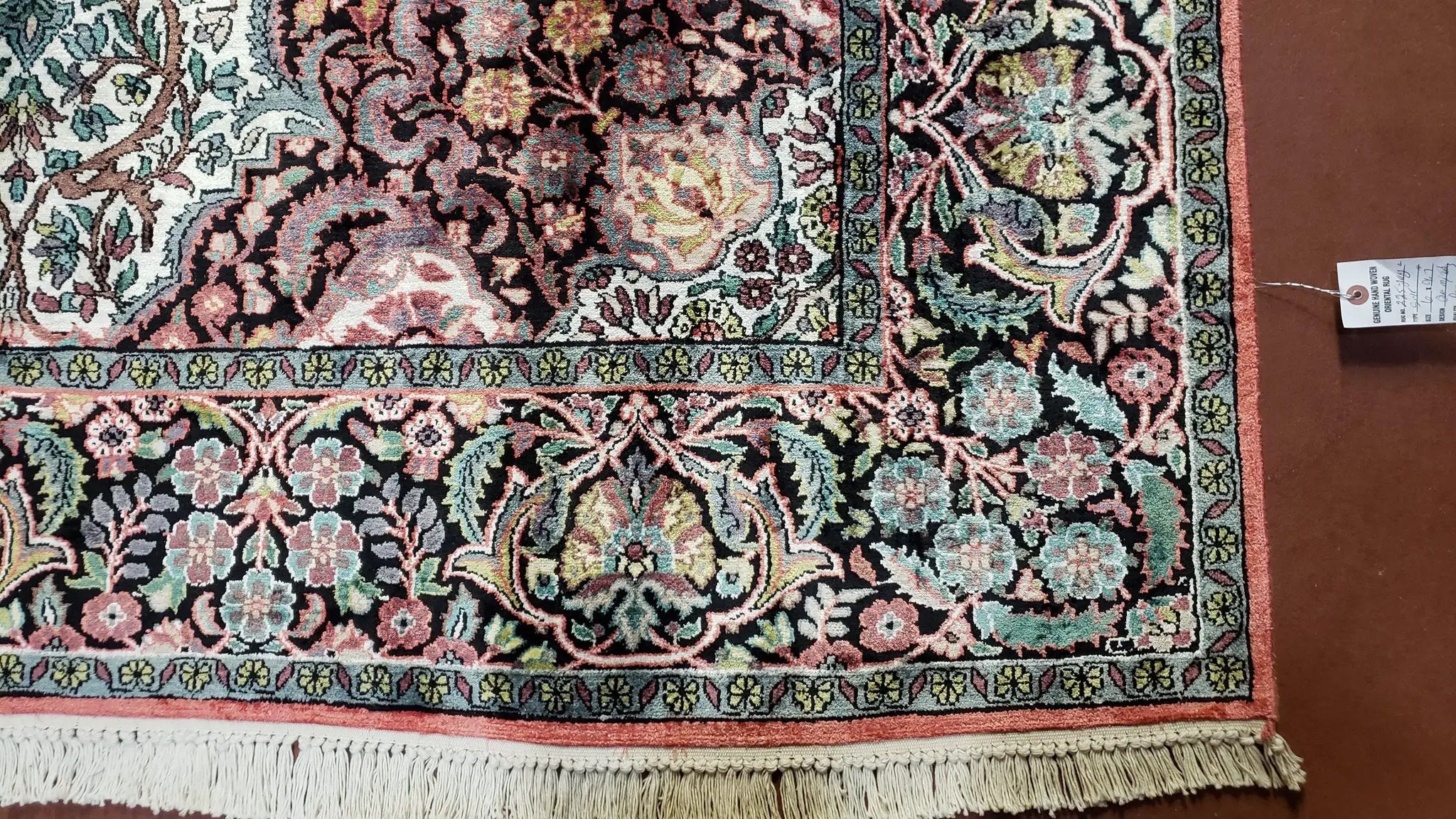 Indian Kashmiri Silk Rug 6x10, Ivory, Floral Medallion by Jewel Rugs
