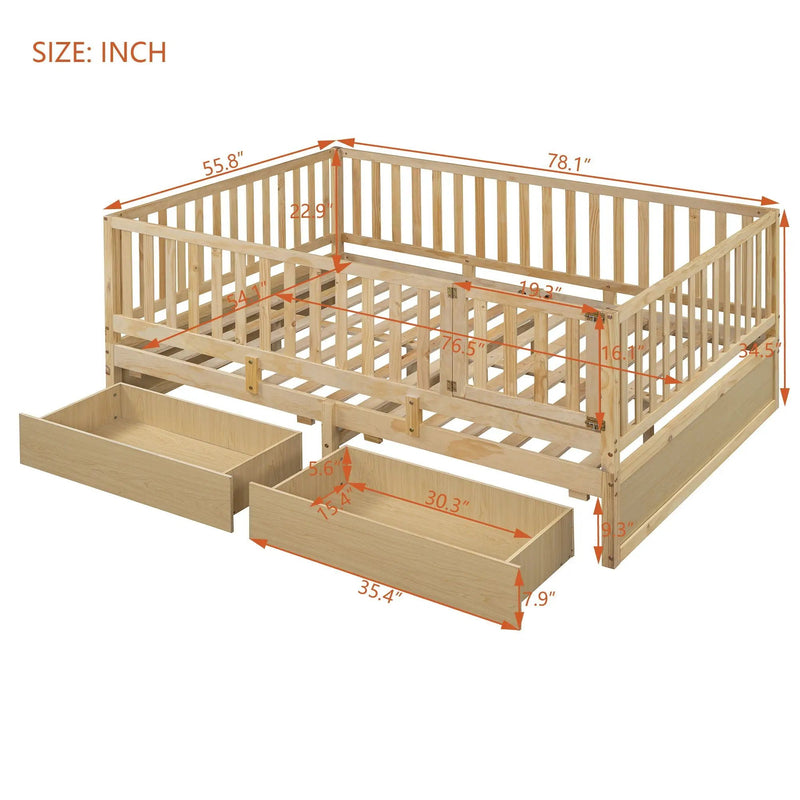 Daybed With Fence Guardrails And 2 Drawers, Split Into Independent Floor Bed & Daybed by HouseOfZazla