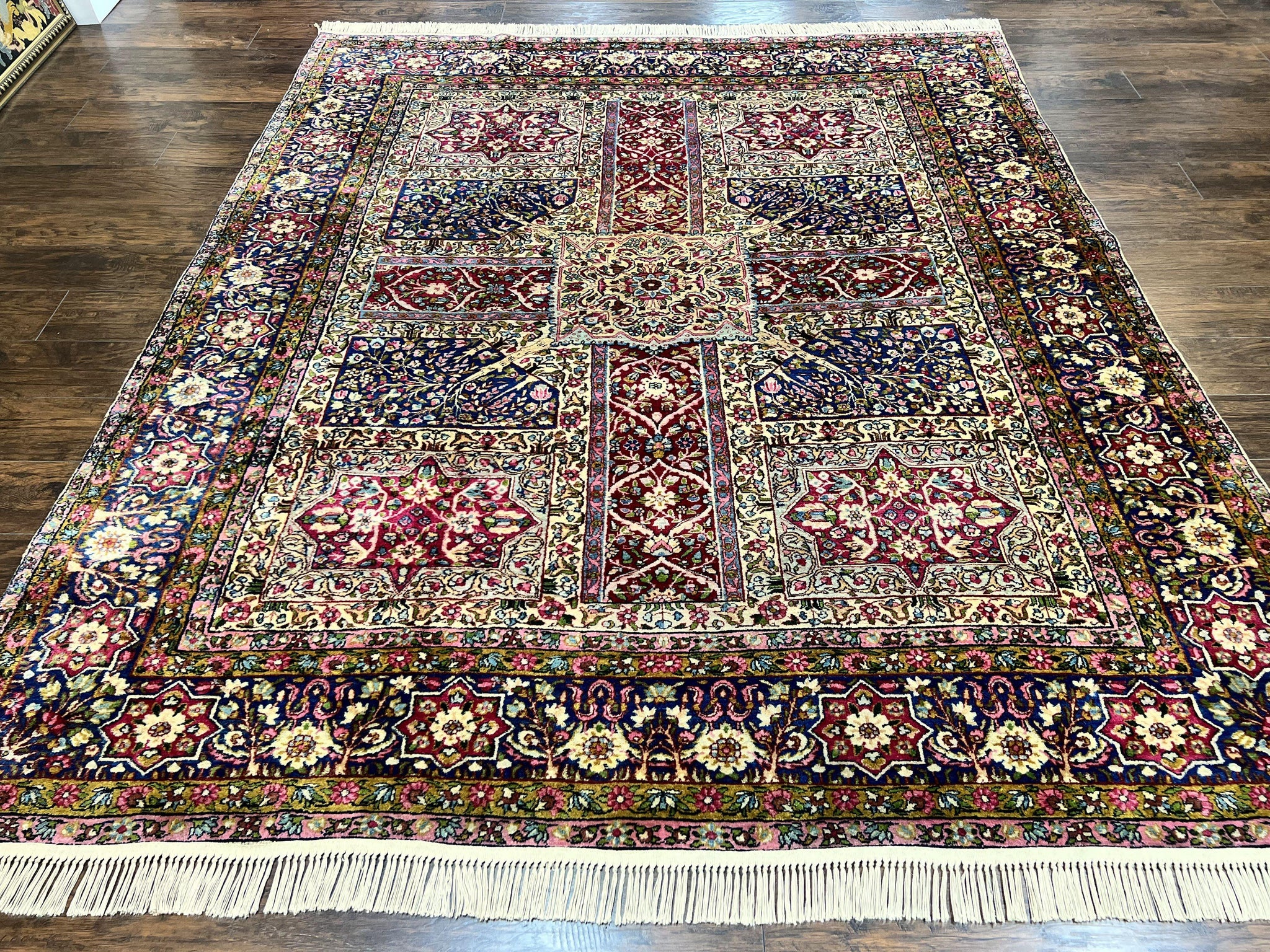 Persian Kirman Lavar Rug 8x9, Antique Persian Carpet, Colorful Multicolor 1920s Handmade Wool Rug, Garden Panel Design, Fine 200 KPSI by Jewel Rugs