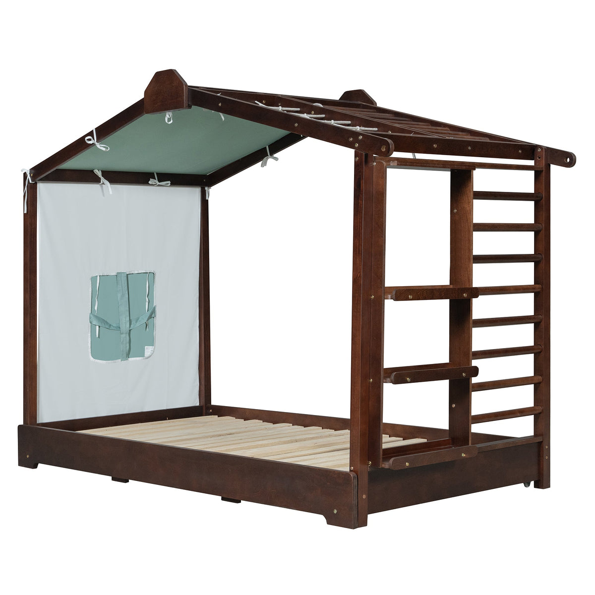 Twin Size House Bed with Trundle and Side Shelves - Pine & Plywood, White/Gray/Natural/Espresso, photo 4 of 10