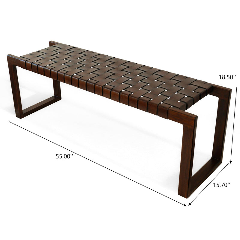 Cognac Brown Upholstered Bench with Genuine Leather Seat - Mid-Century Modern, photo 4 of 12