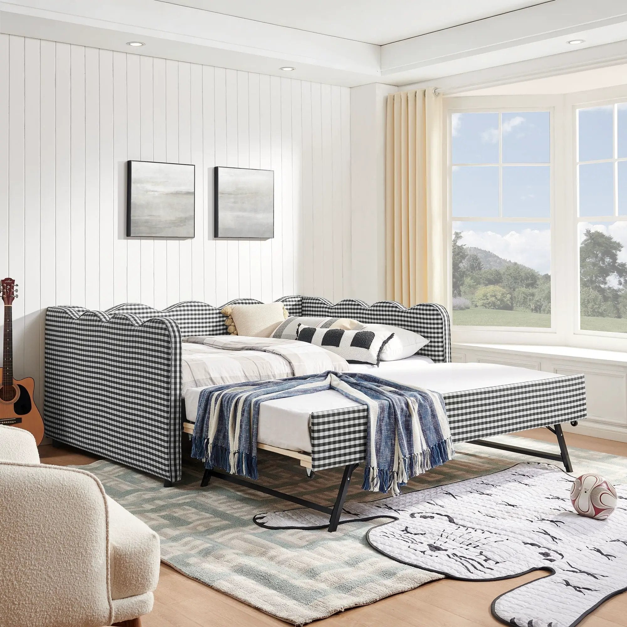 Gingham Daybed With USB Charging Port, Wave-Shaped Design by Unique Piece Furniture