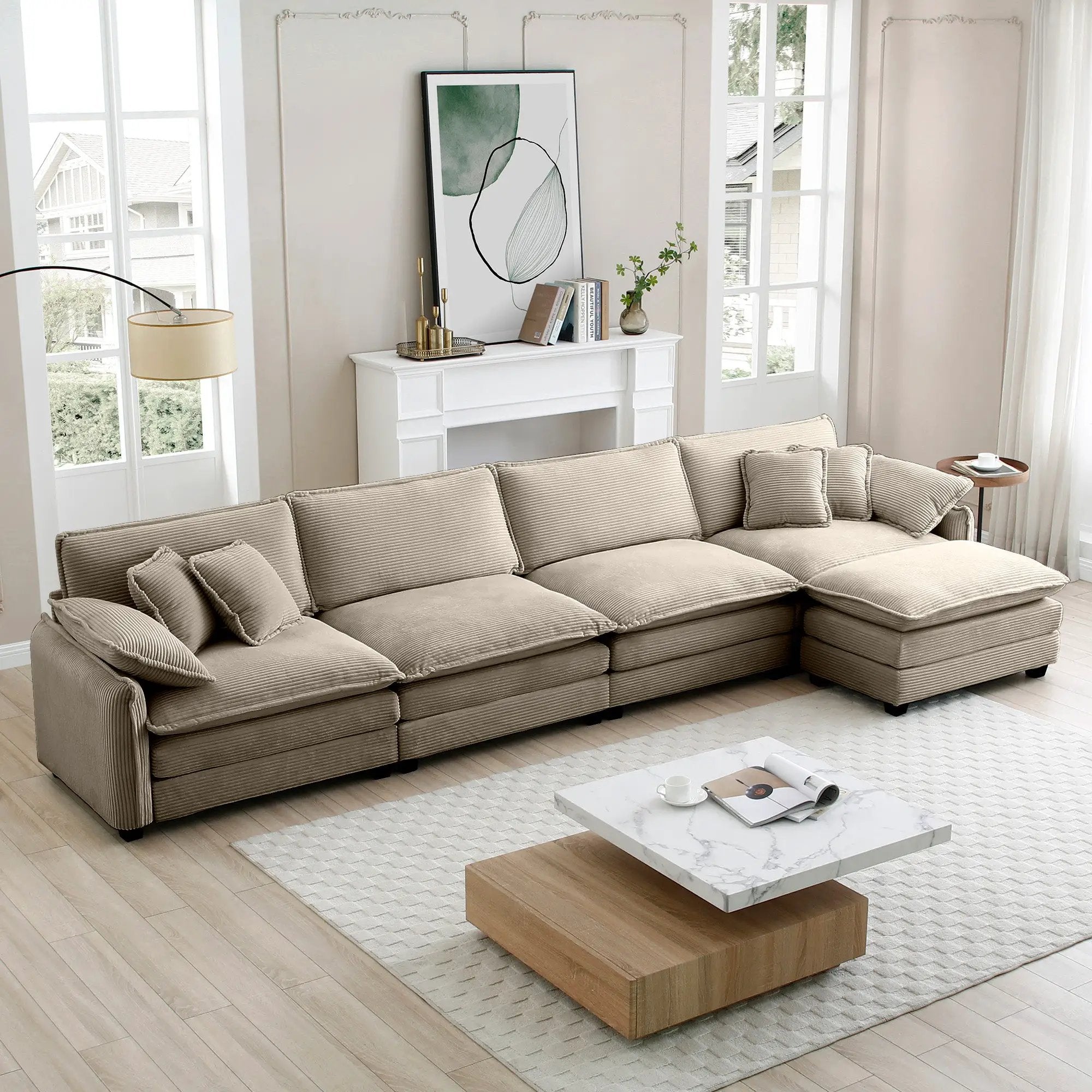Modern Corduroy Upholstered 4-Seater Sofa with Footstool by HouseOfZazla