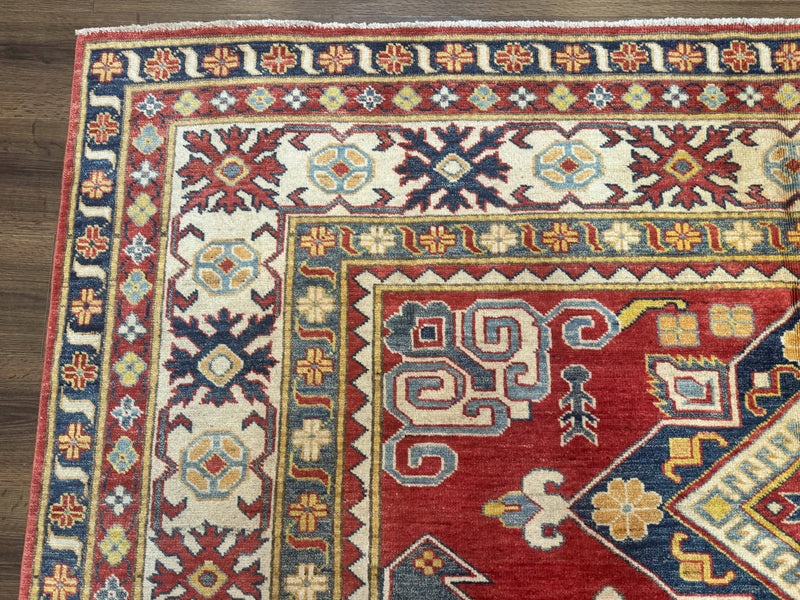 Turkish Kazak Rug 7.6 x 9.5, Geometric Medallions, Caucasian Pattern by Jewel Rugs