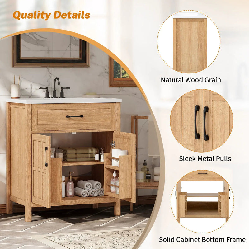 Bathroom Vanity With Sink, Adjustable Shelf & Door Organizers - Walnut