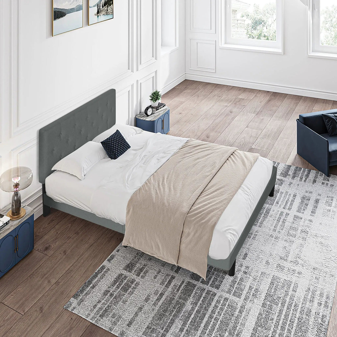 Modern Upholstered Platform Bed Frame With Button Tufted Fabric Headboard by HouseOfZazla