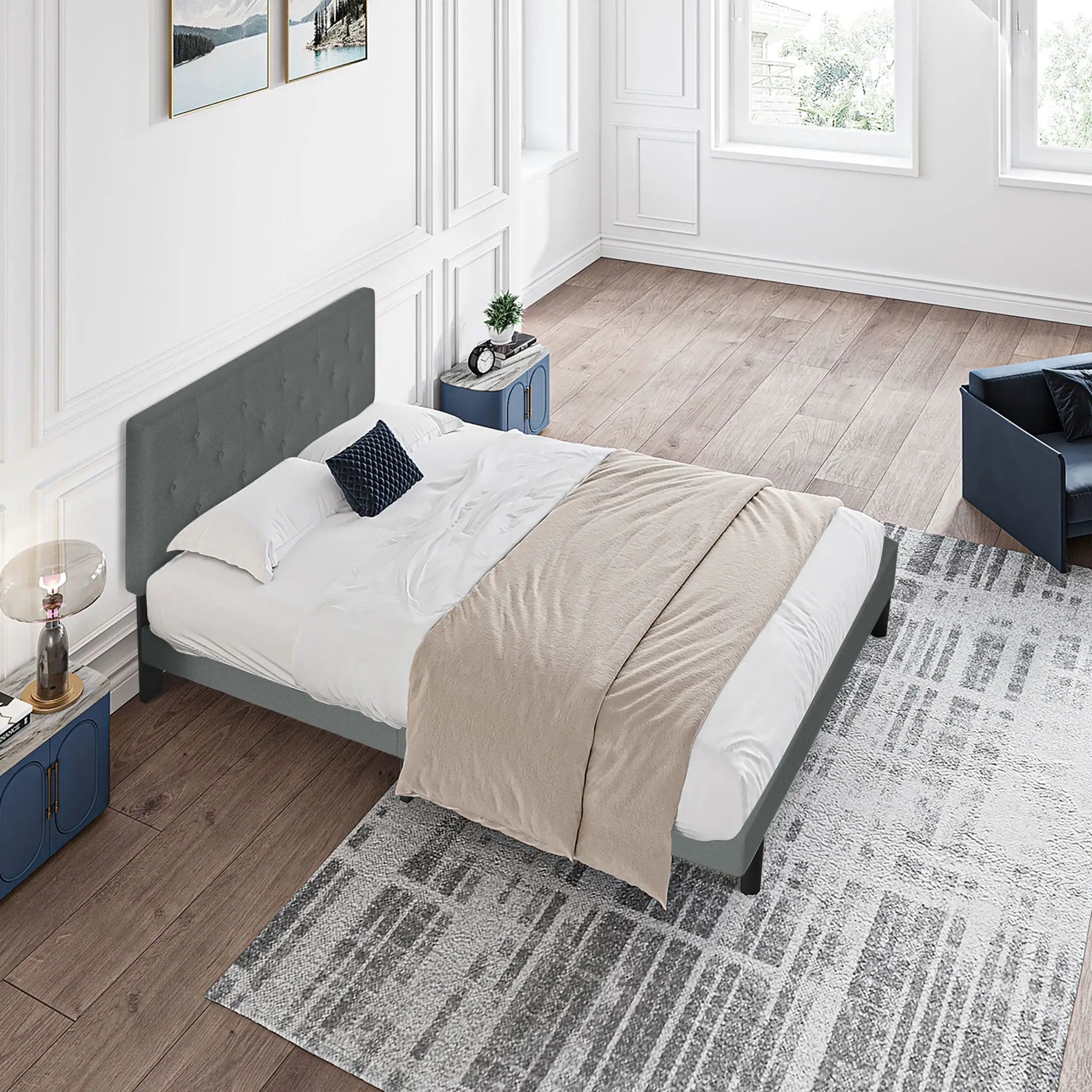 Modern Upholstered Platform Bed Frame With Button Tufted Fabric Headboard by HouseOfZazla