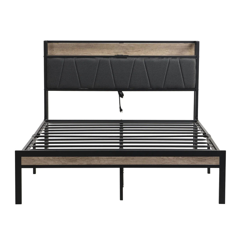 Modern Bed Frame With LED Lights, Upholstered Headboard, USB Charging