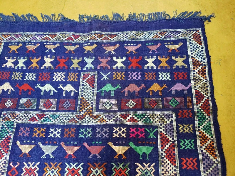 3' X 7' Vintage Handmade Indian Wool Kilim Flat weave Rug Camel Birds Blue Geometric Short Runner by Jewel Rugs