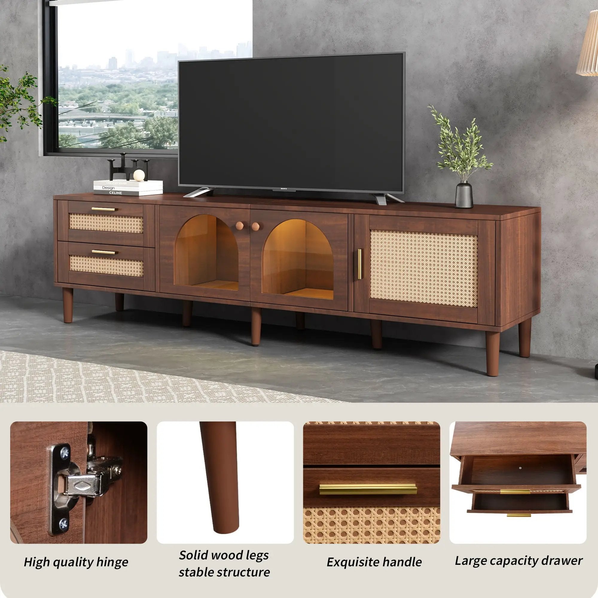 TV Stand With 3 Cabinets & 2 Drawers, LED Light Media Console For TVs Up To 80" - Dark Brown by HouseOfZazla